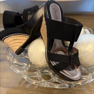 Charlies Black and Tan Wedge Sandals